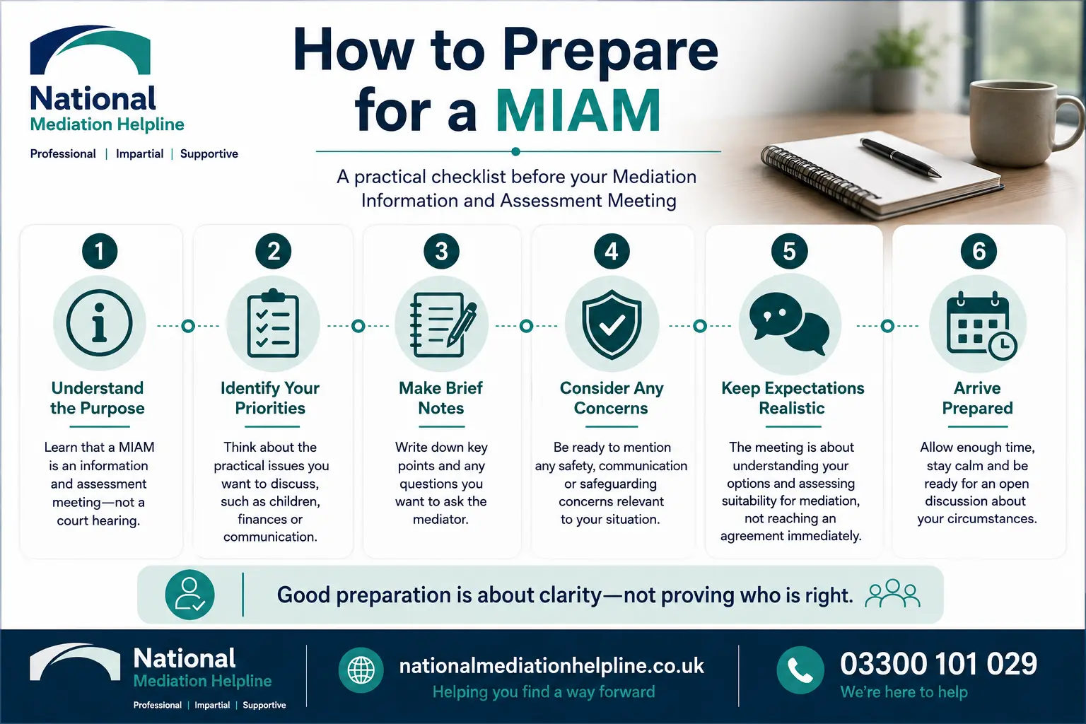 How to prepare for a miam in Portsmouth How to prepare for a miam infographics , explaining How to prepare for a miam in Portsmouth: Understand how to prepare for a miam in 6 Steps
